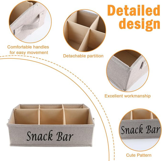 Snack Organizer for Countertop, Fabric Snack Organizer with Handles, 6 Compartment Snack Box Container Snack Basket, Snack Bar Station, Kitchen Pantry Organization and Storage - Khaki