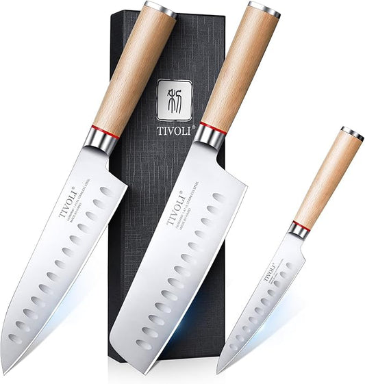 TIVOLI Chef Knife Set, 3 PCS Professional Kitchen Knife Set, High Carbon German Stainless Steel Blades with Ergonomic Wooden Handles, Elegant Gift Box