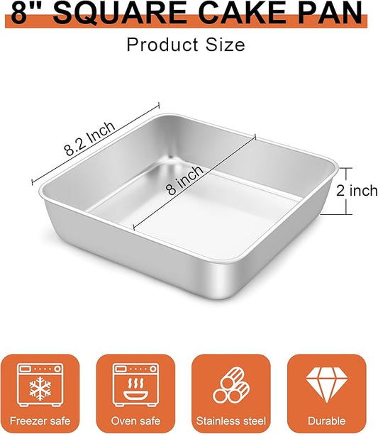 LIANYU 8 x 8 Inch Square Cake Pan, Stainless Steel Baking Lasagna Brownie Bread Pan, Perfect for Birthday Party Wedding, Oven & Dishwasher Safe