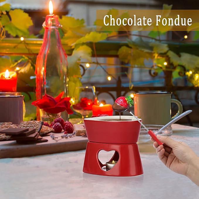 BSTKEY Red Ceramic Butter Warmer Set, Heart Shaped Fondue Pot Melting Pot Set, Melt Hot Pot Bowl Set for Cheese Chocolate Butter Caramel, with 4 Forks