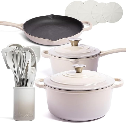 Larder & Vine 21 Piece Cookware Set (Stone) | Dutch Oven, Utensil Set, Saucepan, Skillet, and Trivets