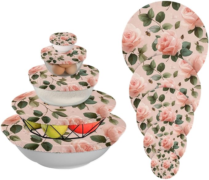 5 Pcs Bowl Covers Reusable in 5 Size Elastic Food Cover Cloth Lids Fresh Keeping Dish Cookware Bakeware Fabric Covers Lids for Food Leftovers Fruits Storage Pastel Pink Rose and Honeybees