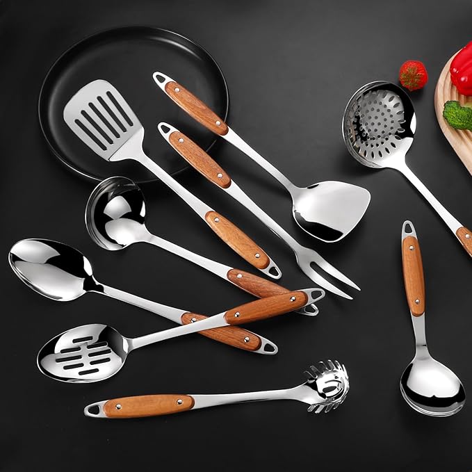 304 Stainless Steel Cooking Utensils Set,9PCS Metal Kitchen Utensils Set with Wooden Handle,Solid Spoon,Spatula,Ladle,Skimmer Spoon,Spaghetti Spoon,Dishwasher Safe
