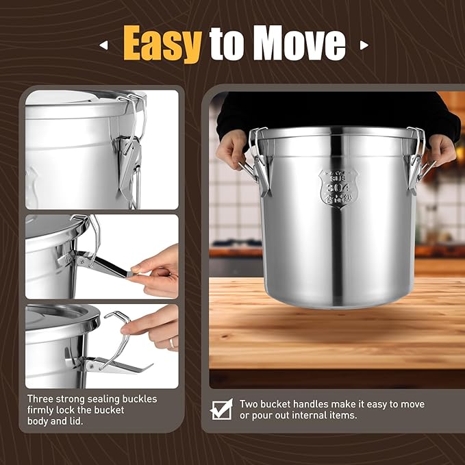 304 Stainless Steel Airtight Canister for Kitchen, 8.7Gal Canisters Container with Lids and Sturdy Locking Clamp,Bucket Food Storage Containers Airtight for Flour Coffee Bean Tea (33L)