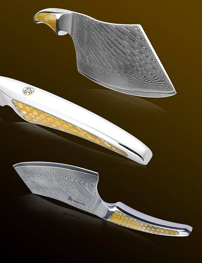 7 inch Nakiri Knife, Japanese VG-10 Damascus Steel Meat Cleaver, Ultra Sharp Vegetable Knife with Full-tang Handle in Yellow Resin, LA-S9 Series