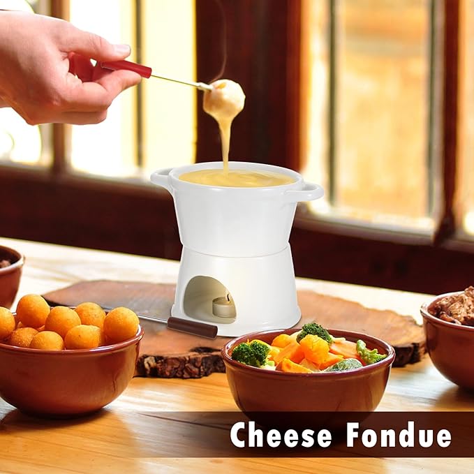 300ML Ceramic Butter Warmer Set with 2 Forks, White Fondue Pot Melting Pot Set, Melt Hot Pot Bowl Set for Cheese Chocolate Butter Caramel