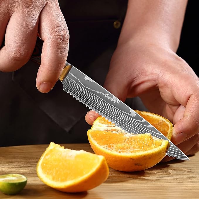 Serrated Steak Knife Set - 6pcs Premium 4.5 inch Kitchen Cutting Steak Knives, German Stainless Steel Knife Professional Table Dinner Knife with Pakkawood Handle for Home Restaurant