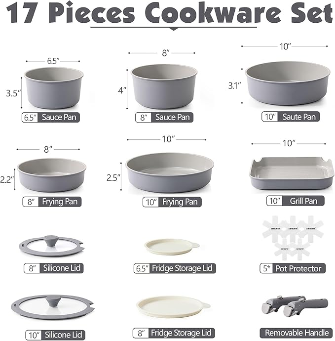 SENSARTE 17 Piece Ceramic Pots and Pans Set, Nonstick Detachable Handle Cookware, Induction Kitchen Cookware Set with Removable Handle, Dishwasher & Oven Safe (Gray)