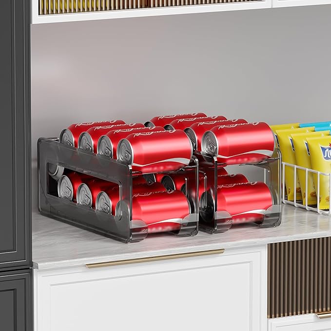 2 Pack Soda Can Organizer,Can Dispenser for Refrigerator Drink Storage Rack for Standard and Tall Can Pop Can Holders for Pantry Cabinet Smoky Gray