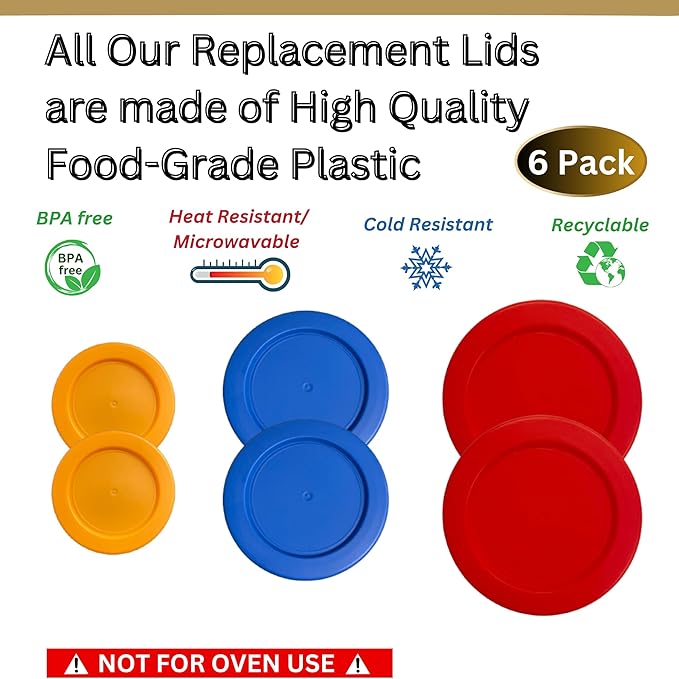 1, 2 & 4 Cup Orange, Blue, Red Replacement Lids/Covers for Pyrex, Anchor Hocking & KlareWare Storage Bowls *Lids Only Glass Container Not Included* (6 Pack *Two of Each Size*)
