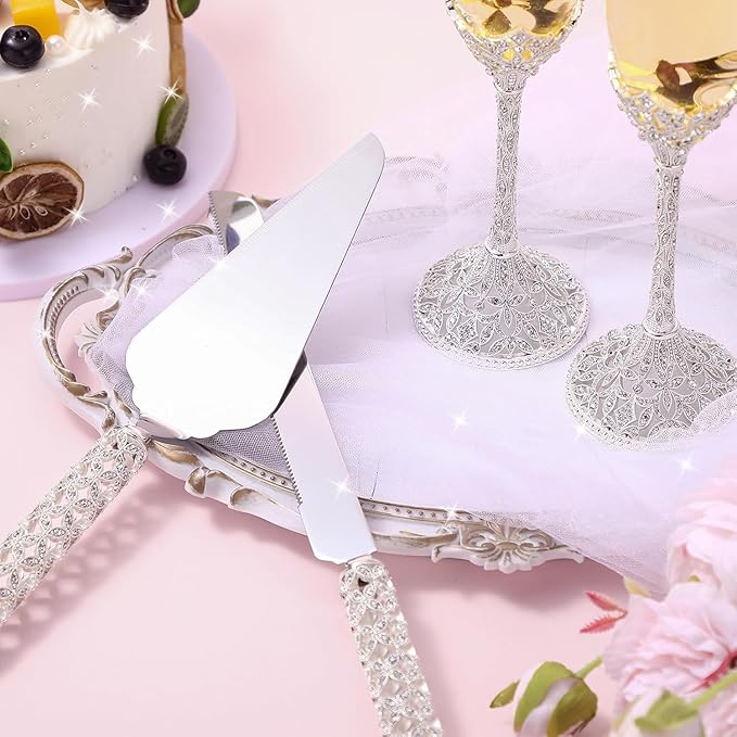 4-Piece Wedding Cake Knife and Champagne Flutes Set, Crystal Rhinestone Glasses and Cake Cutting Server for Bride and Groom Wedding Reception or Anniversary (Gold, Elegant Design) (Silver)