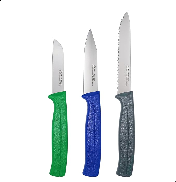 Kitchen Knife Set, MATTSTONE HILL Paring Knife Set - 4.7" Serrated Utility Knife, 3.5" Fruit & Vegetable Paring, 3" Flat Edge Peeling, German High Carbone Steel, Gray, Blue, Green
