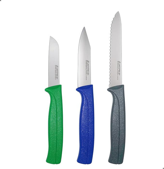 Kitchen Knife Set, MATTSTONE HILL Paring Knife Set - 4.7" Serrated Utility Knife, 3.5" Fruit & Vegetable Paring, 3" Flat Edge Peeling, German High Carbone Steel, Gray, Blue, Green