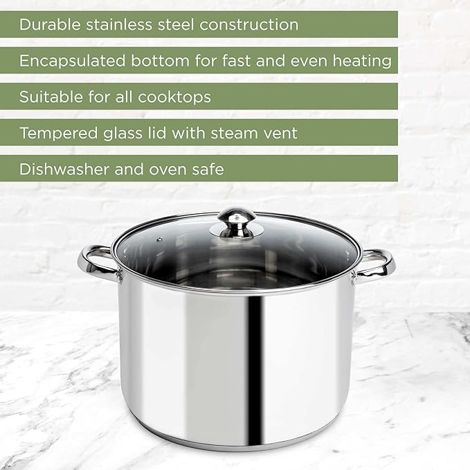 Ecolution Pure Intentions Stock Pot - Features Tempered Glass Lid, Stay-Cool Handles, and Encapsulated Bottom - Oven Safe - Curbside Recyclable Stainless Steel - 12 Quarts