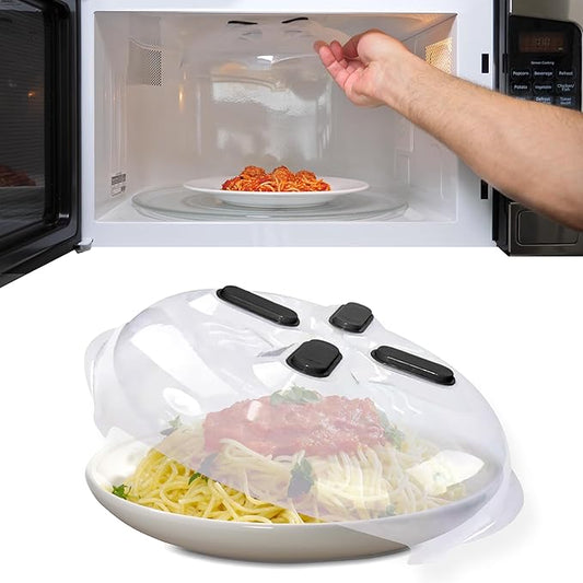 HOVER COVER Magnetic Splatter Cover, 12-Inch Clear BPA-Free Food Lid, Vented Plate Guard with Steam Vents, Anti-Splash Microwave Lid, Dishwasher Safe, Space-Saving Magnetic Storage - Onyx 2 Pack