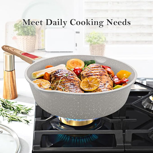 11 Inch Nonstick Deep Frying Pan with Lid, 4-Pc Set - (4.5 Qt Saute Pan with Lid, Steamer/Strainer Basket, Silicone Spatula), Skillet with Detachable Handle, Oven Safe, Non-Toxic