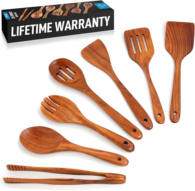 Zulay Kitchen Teak Wood Utensil Set โ 7 Piece Wooden Cooking Utensils โ Slotted Spoon, Bowl Scraper, Solid & Slotted Turner, Salad Spoon, Fork & Tongs โ Durable, Nonstick Safe & Smooth Finish