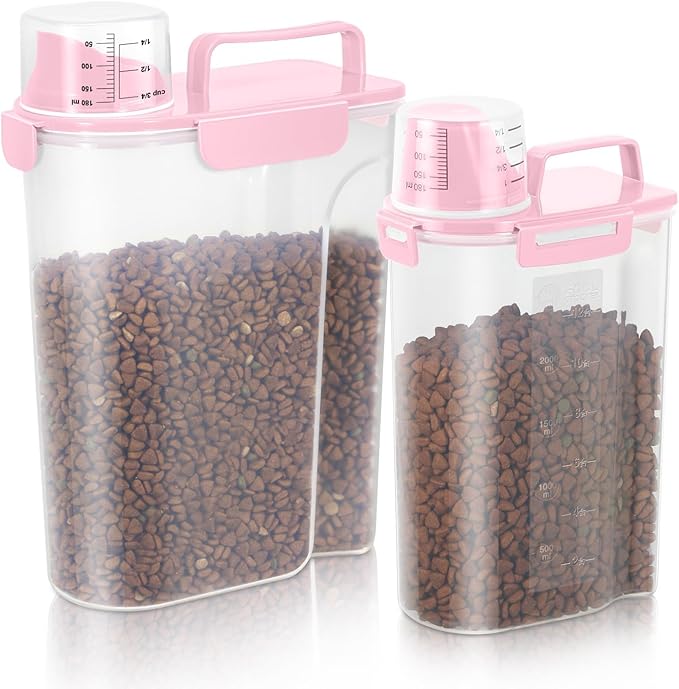 3+5Lbs 2Pack Small Cat Dog Food Storage Containers BPA Free, Airtight Pet Food Storage Containers with Large Pour Spout/1 Measuring Cup/ 4 Safety Locks and Double-Layer Silicone Strip (Pink)