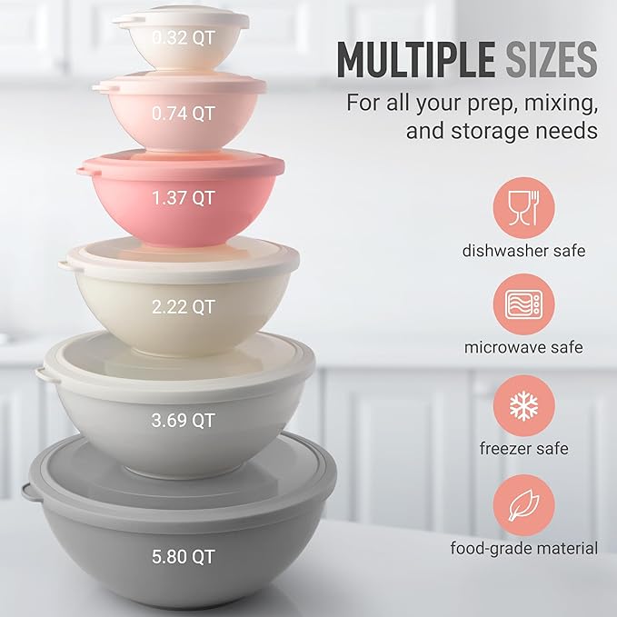 Zulay Kitchen 12 Piece Plastic Mixing Bowls with Lids Set - Colorful Mixing Bowl Set for Kitchen - Nesting Bowls with Lids Set - Microwave and Freezer Safe (Pink Ombre)