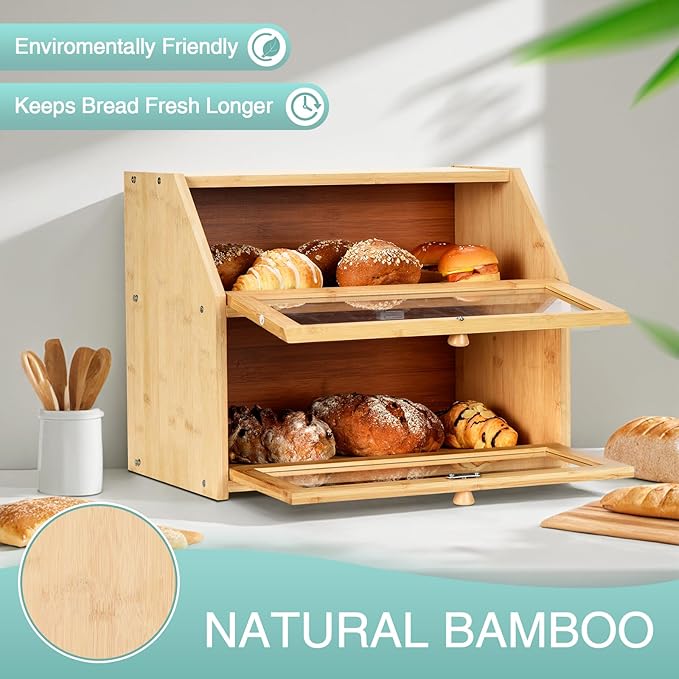 Bread Box for Kitchen Countertop Double Layer,Wooden Extra Large Storage Bin,boxes for kitchen counter Capacity Bin Kitchen Food Storage Container(Natural Wood Color)