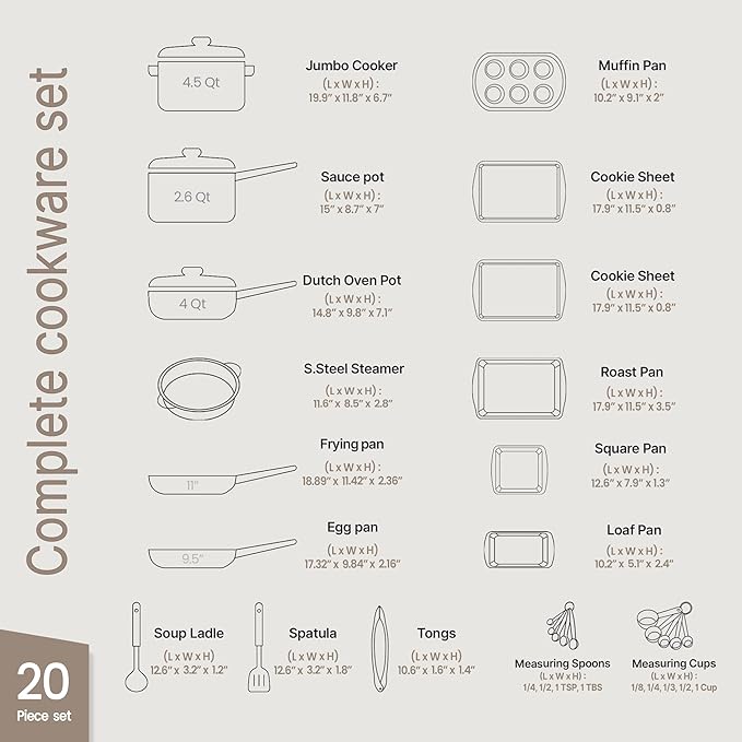 Bakken Master 20 Piece Cookware Set - Pots and Pans with Handle Grips and Tempered Glass Lids, With 6-piece Bakeware Set, Nonstick Granite Coating, Ceramic Max Temperature (Up To 500°F), Brown Marble