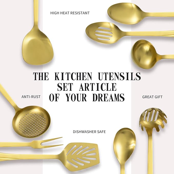 304 Stainless Steel Kitchen Utensil Set - 9pcs Cooking Utensils, Metal Kitchen Utensil Spatula Sets Cookware,High temperature resistance Kitchen Tool Set for Hanging Dishwasher Safe(Gold)