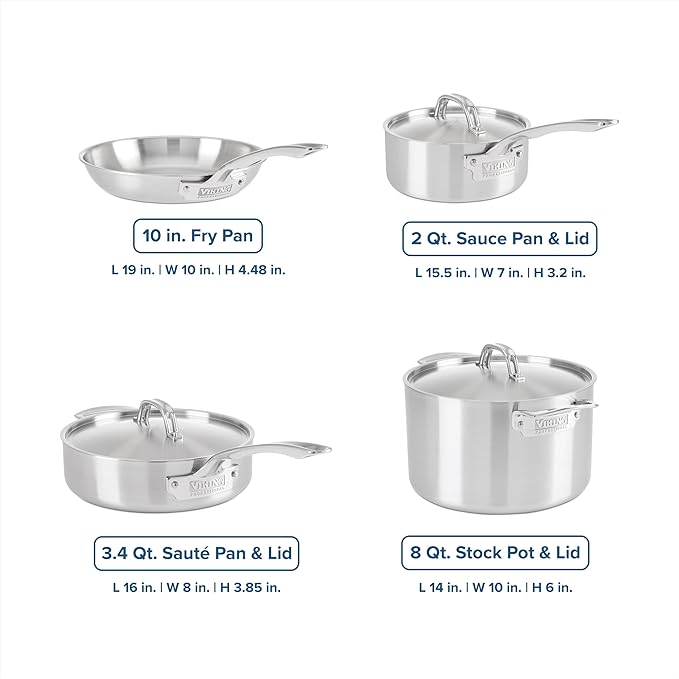 Viking 5-Ply Pots and Pans Set, 7 Piece Stainless Steel Kitchen Cookware, Silver