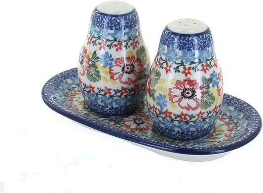 Blue Rose Polish Pottery - Red Hummingbird Salt & Pepper Shakers with Tray - 3.5" Tall - Hand-Painted Ceramic Seasoning Set for Table & Kitchen