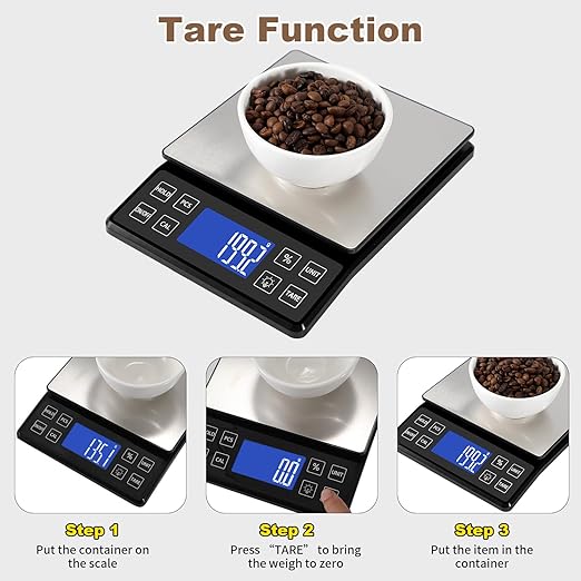 Digital Kitchen Scale with 0.1g/0.001oz High Precision, 5kg/11lb Food Bakery Scale with% Percentage Function, Tare Function, USB Rechargeable or AAA Battery Power, Stainless Steel Pan
