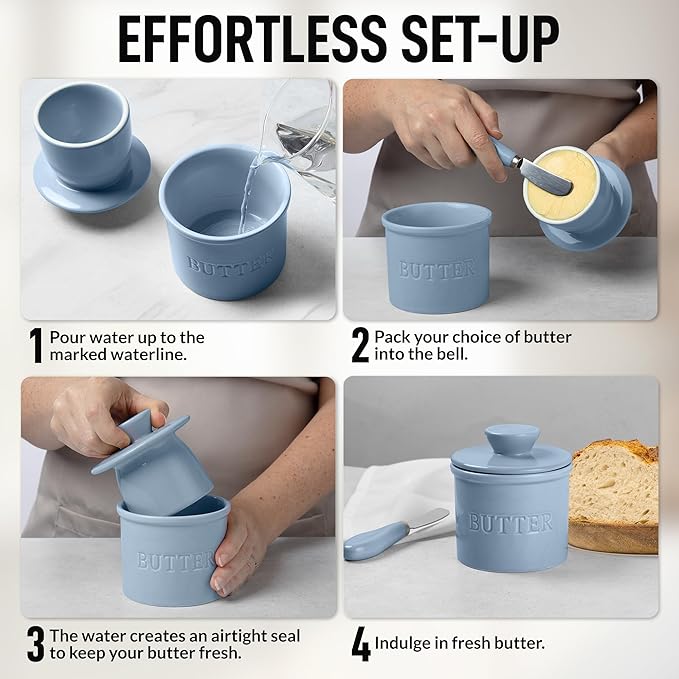 Zulay Kitchen Porcelain Butter Crock With Lid & Knife - Authentic French Butter Dish For Fresh & Spreadable Butter - Blue-Gray