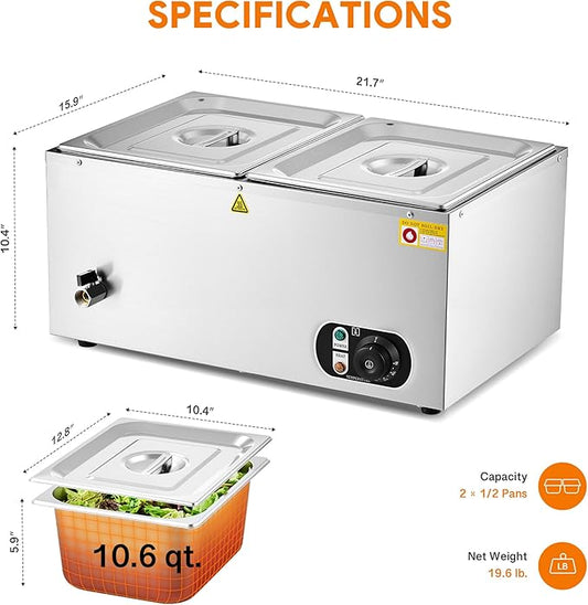 WILPREP Single-Well Commercial Food Warmer with Two 1/2 Pans, Electric Warmer for Food with Adjustable Temp. & Automatic Shutoff, Stainless Steel Food Heating Unit for Buffet Food Truck Hotel Catering