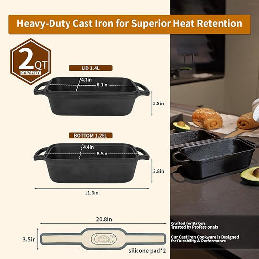 Cast Iron Bread Pan with Lid, Cast Iron Bread Loaf Pan with 2 Silicone Bread Mats, Sourdough Loaf Pan with Lid, Heavy Duty Loaf Pans for Oven Baking Bread, Bread Pans for Homemade Bread(Black)