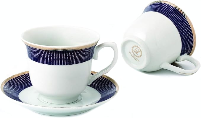 World Gifts Elegant Durable and Colorful Porcelain Tea-Coffee Cups and Saucers Set - Blue and Gold, 8 oz. Set of 4