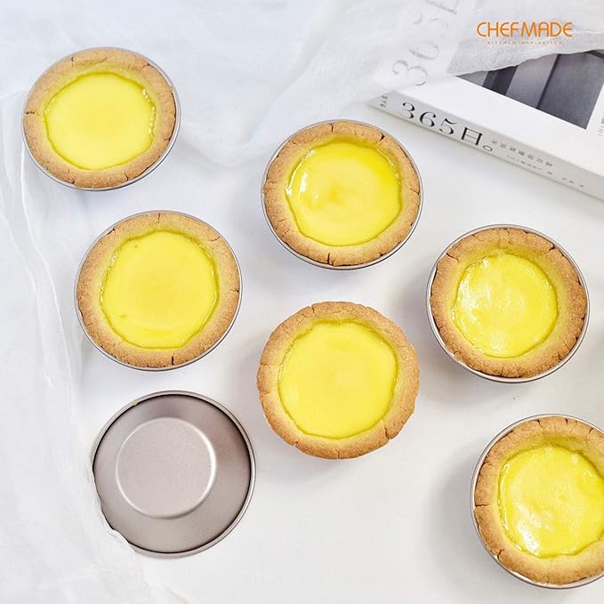CHEFMADE Mini Pudding Pan Set, 3-Inch 4Pcs Non-Stick Egg Tart Mold Round Mini Cake and Loaf Bakeware for Oven and Instant Pot Baking (Champagne Gold)