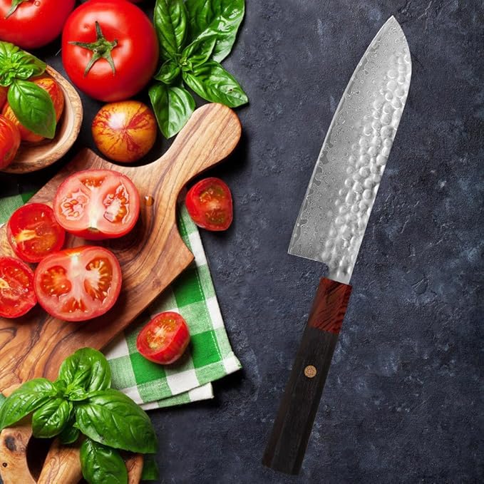 Professional 7 inch Japanese Santoku Chef Knife,67 Layers Damascus VG-10 Super Steel Cutting Core - Ultra Sharp Hammered Kitchen Knife