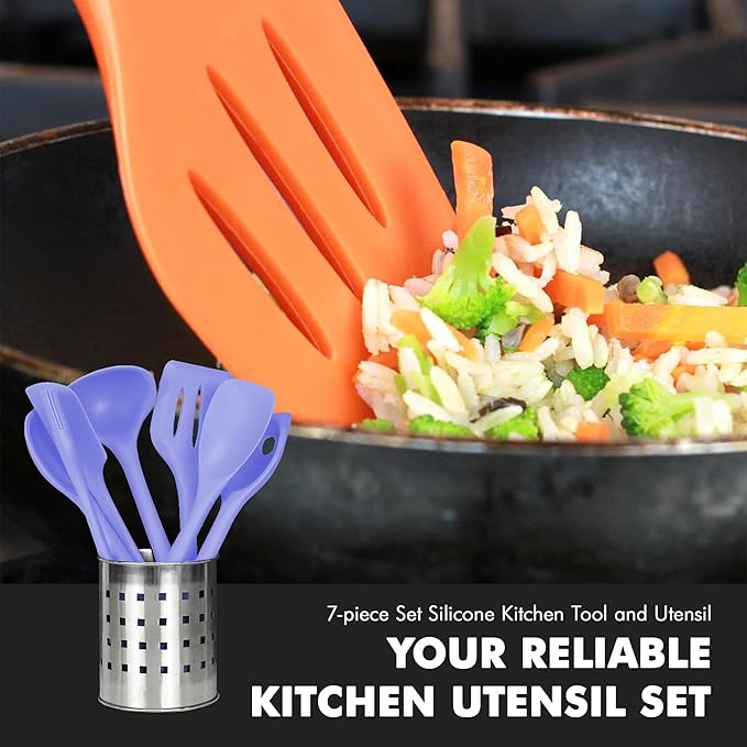 Chef Craft - Premium Silicone Kitchen Tools and Utensils Set, Non-Scratch, Withstands Temperatures up to 450°F, BPA-Free, 7 Piece Cooking Utensils Set, Pastel Blue