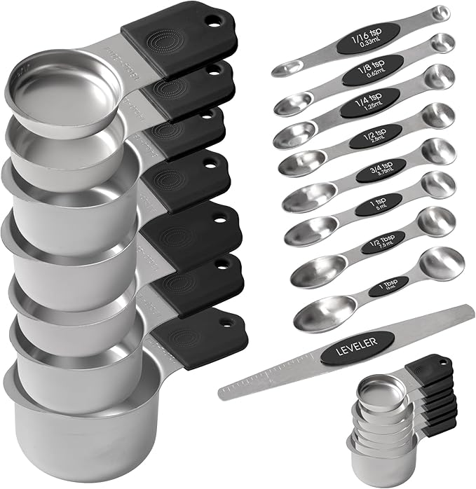 Magnetic Measuring Cups and Magnetic Measuring Spoons Set of 16, Heavy Duty 304 Stainless Steel Cups and Spoons (Black)