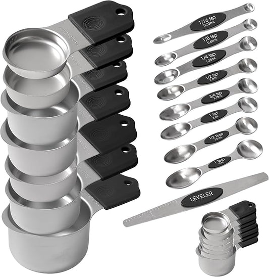 Magnetic Measuring Cups and Magnetic Measuring Spoons Set of 16, Heavy Duty 304 Stainless Steel Cups and Spoons (Black)