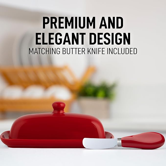 Zulay Butter Dish With Lid For Countertop - Porcelain White, Ceramic Butter Dish with Knob Handle Great for Cooking - Elegant Design Butter Holder - Durable & Sturdy Butter Keeper - Red