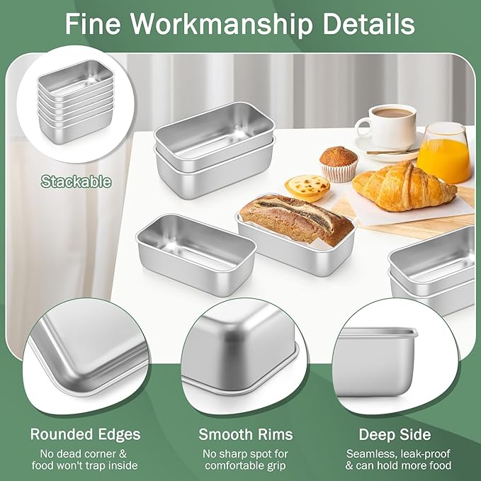 TeamFar Mini Loaf Pan, 6 PCS Stainless Steel Loaf Pans for Baking Bread, 6.3 x 3.5 Inch Bread Baking Pan for Homemade Bread, Meatloaf, Cake and Brownies, Non-Toxic, Oven & Dishwasher Safe