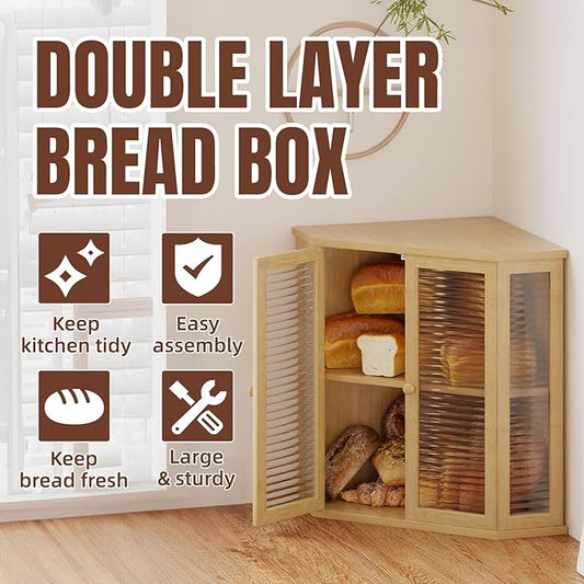 Corner bread box Bread Box for Kitchen Countertop - Corner Bread Storage Box 16.5" H, Premium Pine Wood with Glass Door, Perfect for Homemade Bread, Baguettes & Pastries (Natural)