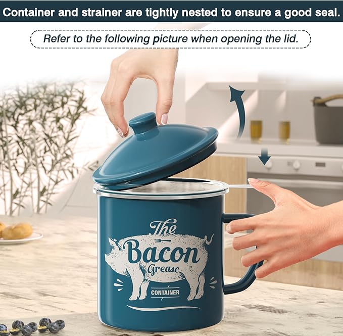 Bacon Grease Container With Strainer, 46OZ Large Enamel Grease Container, With Silicone Spatula, Farmhouse Bacon Grease Keeper, Cooking Oil Container For Kitchen Fat Storage, Dishwasher Safe-Blue
