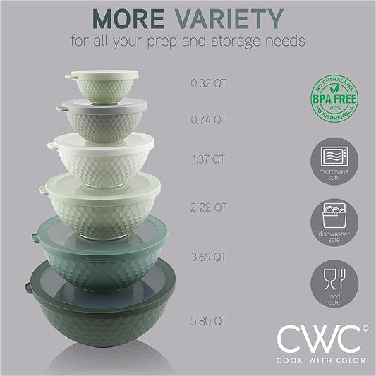 COOK WITH COLOR Mixing Bowls with Lids - 12 Piece Plastic Nesting Bowls Set includes 6 Prep Bowls and 6 Lids, Non Slip Bottom and Embossed Design - Microwave Safe (Sage)