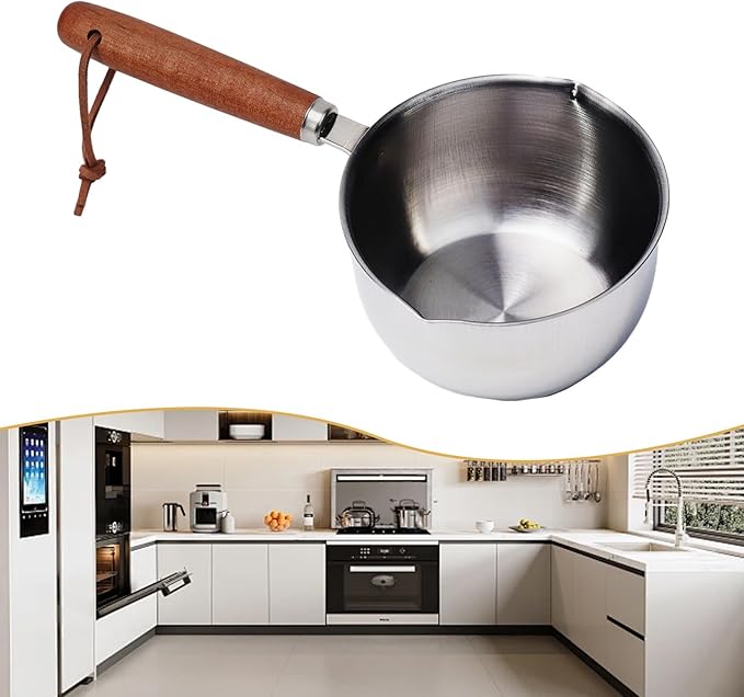 Stainless Steel Butter Melting Pot Multi-Purpose Sauce Pan Mini Milk Warmer with Wooden Handle for Induction Gas Electric Stove Compatible Kitchen Tool(300ml)