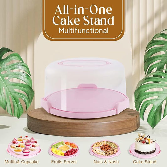 Cake Carrier with Lid and Handle, Cake Container Cupcake Holder for 10 inch Cake with 2 Handles Cupcake Carriers - Cover Two Sided Base for Transport Storage Pies Nuts, Pink Round Cake Stand