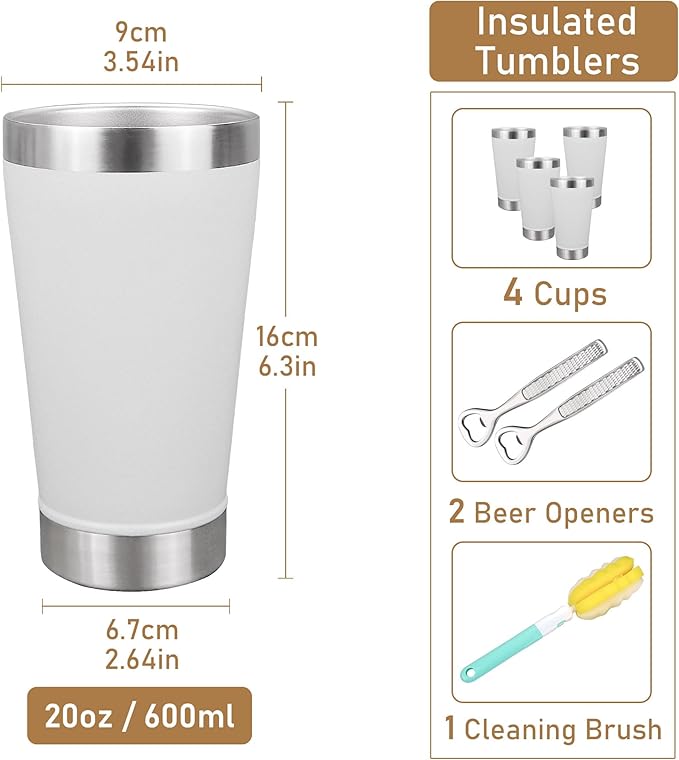 16 oz Beer Tumber Insulated Set of 4, Pint Glass Stainless Steel Double Walled, Stackable Cold Drinking Cup Mug Stein, White, Ideal for Beer Lover, Coffee, Outdoor