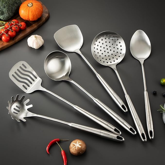 Cooking Utensils set, 18/8 Stainless Steel Kitchen Utensils set, 7 Pieces Cookware Set with Rotating Holder, Heat Resistant Stainless Steel Cooking Spoon(Dishwasher Safe)