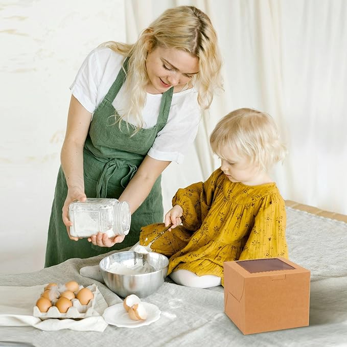 20Pcs Mini Cake Boxes with Window, 6x6x5 Inches Brown Bakery Boxes, Small 4 Cupcake Boxes, Cake Packaging for Pastries, Cookies, Chocolates, Cupcakes, Birthday Party, Wedding