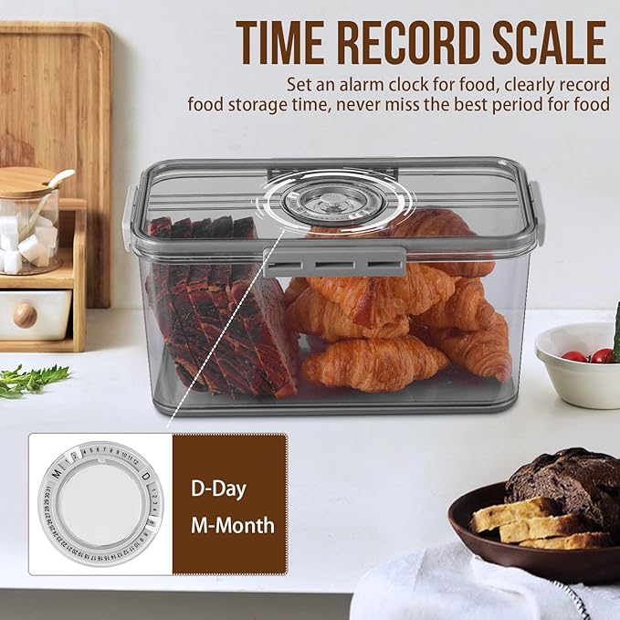 Bread Box Bread Boxes for Kitchen Counter Airtight, Time Recording Bread Storage Container with Lid, Bread Keeper for Homemade Bread, Toast, Bagel, Donut and Cookies, LARGE Dark Grey