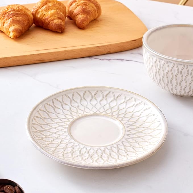 Vintage Design 12 oz Ceramic Latte Art Cappuccino Barista Cup with Saucer (Embossed Beige)